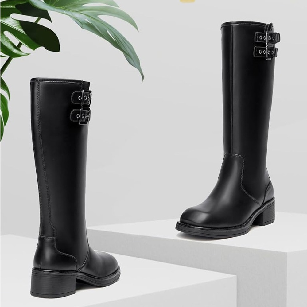 Women's Knee High Boots Buckle Strap Low Flat Heel Side Zip Round Toe 6